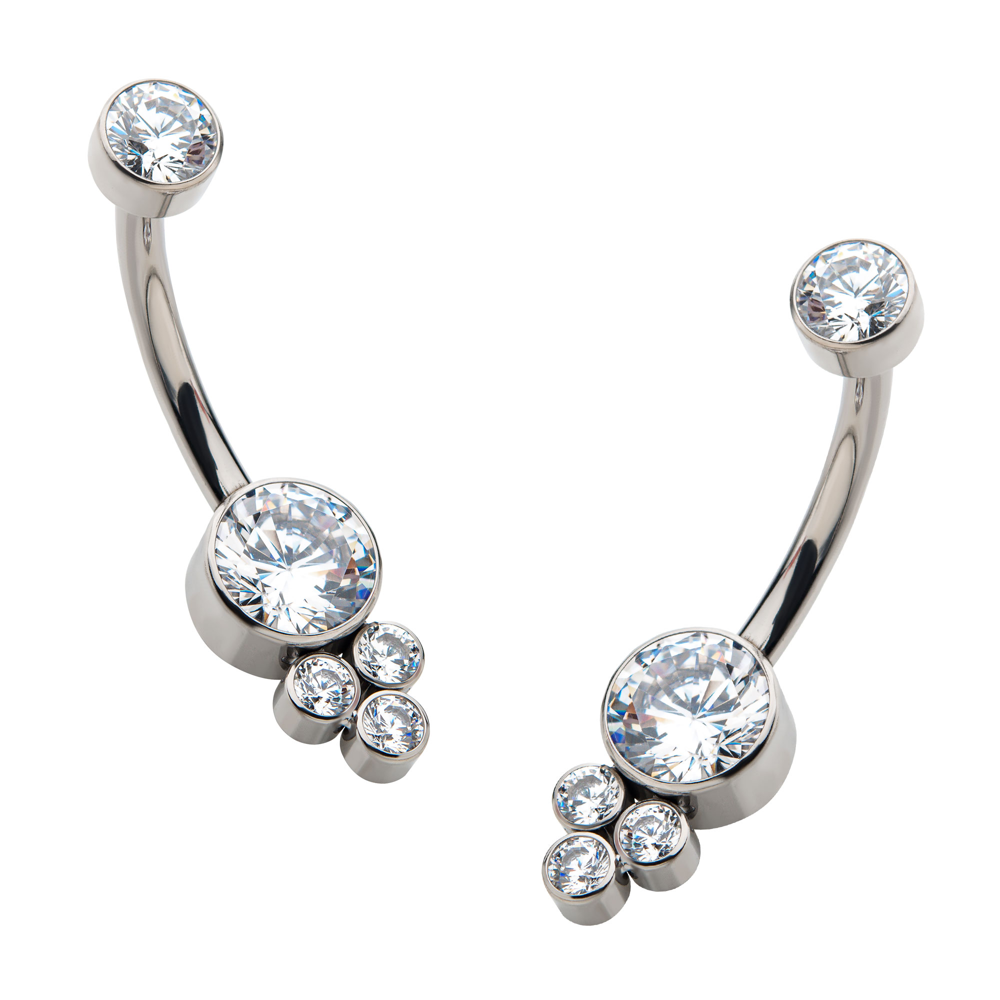 tib6ni42.jpg Titanium Internally Threaded with 3pcs Bezel Set Round Clear CZ Cluster Fixed Navel - Image 1