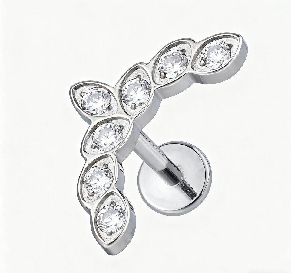 T-LAB021-IN-WGT1.26mm+4-CLCZ-192 Titanium Curved Leaf Cluster with Marquise CZ - Image 1